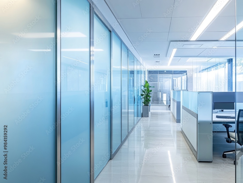 Light blue frosted glass doors dividing a minimalist office space Light blue frosted glass doors dividing a minimalist office space