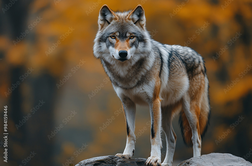 Fototapeta premium A wolf stands and stares at the cold forest. 