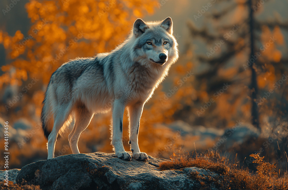 Obraz premium A wolf stands and stares at the cold forest. 