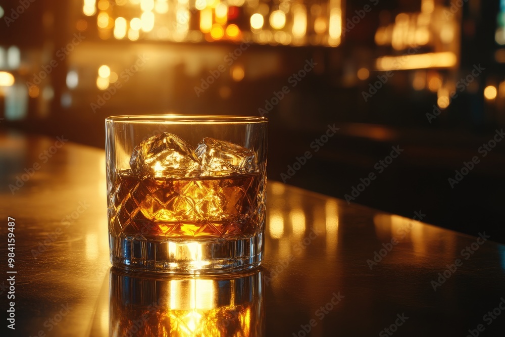 Light reflecting through a crystal glass of golden bourbon, placed on a polished bar counter Light reflecting through a crystal glass of golden bourbon, placed on a polished bar counter
