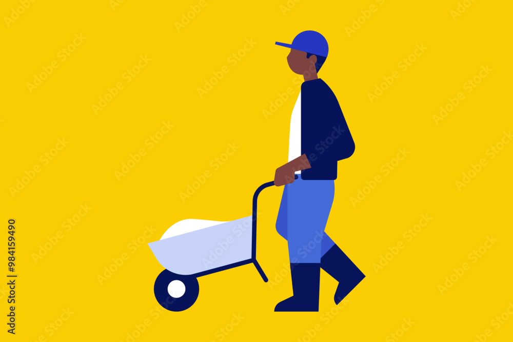 Man with wheelbarrow full of dirt or ground. Gardener carries a wheelbarrow. Vector illustration Man with wheelbarrow full of dirt or ground. Gardener carries a wheelbarrow. Vector illustration