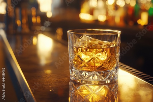 Wallpaper Mural Light reflecting through a crystal glass of golden bourbon, placed on a polished bar counter Torontodigital.ca