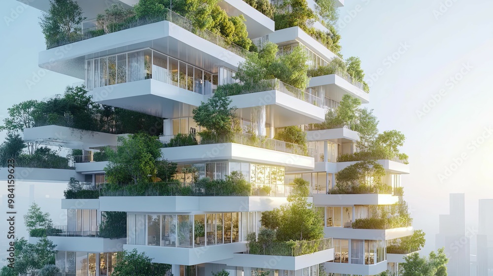 A Modern, Sustainable Skyscraper With Greenery on Balconies A Modern, Sustainable Skyscraper With Greenery on Balconies