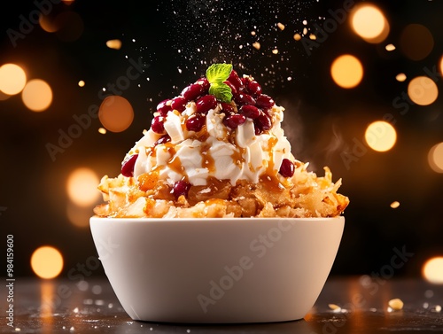 Bingsu shaved ice dessert topped with red beans and condensed milk from Seoul South Korea