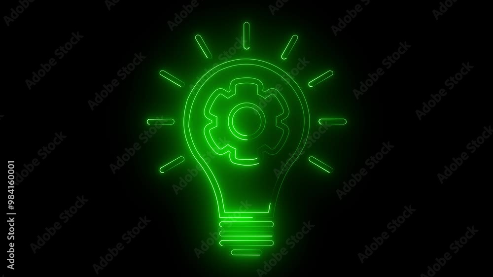 green color Neon line setting icon with gear shining light bulb icon. The innovation and idea on a black background. green color Neon line setting icon with gear shining light bulb icon. The innovation and idea on a black background.
