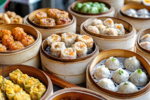 Delicious selection of dim sum varieties at vibrant restaurant setting photo