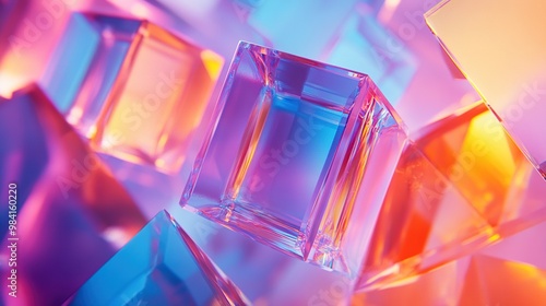 Abstract composition of colorful glass cubes with vibrant reflections and lighting.