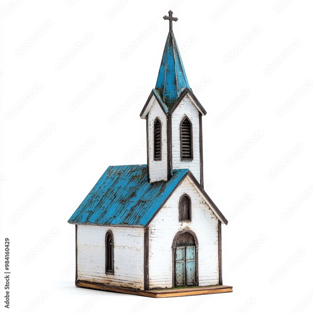 Fototapeta premium Weathered wooden church with peeling paint and a leaning steeple isolated on white background 