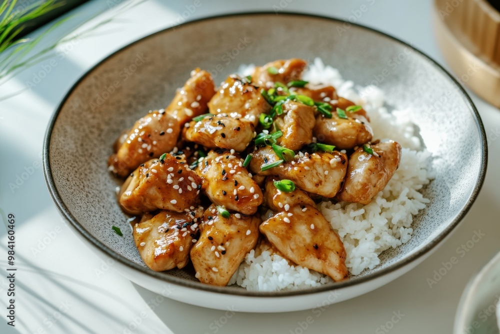 close-up of teriyaki chicken with sesame seeds and scallions served over steamed white rice in a ceramic bowl close-up of teriyaki chicken with sesame seeds and scallions served over steamed white rice in a ceramic bowl