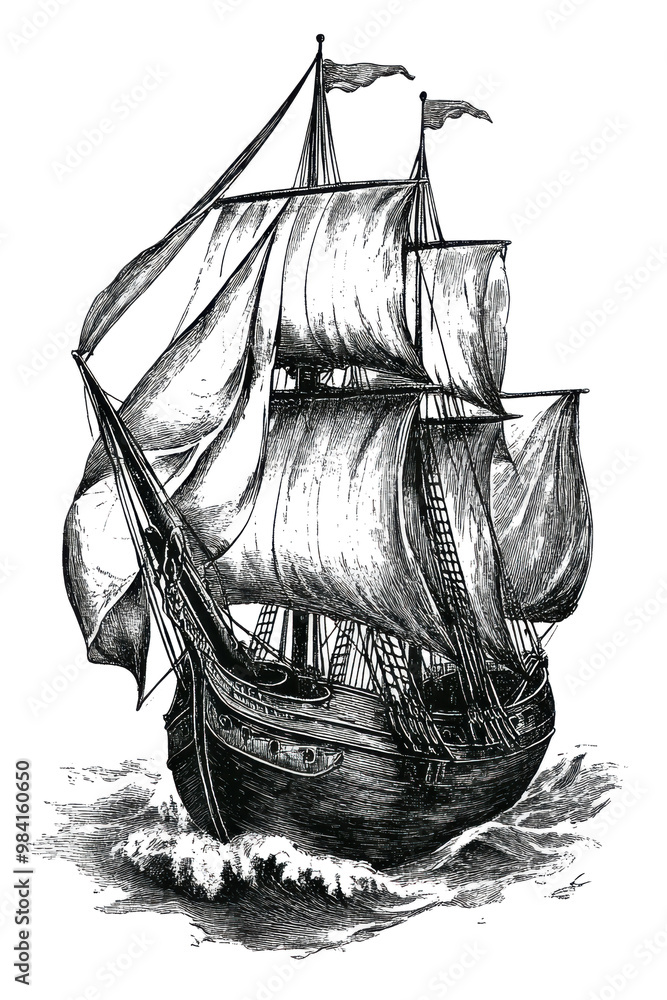 vintage engraving of a sailing ship with billowing sails, hand-drawn nautical illustration of an antique vessel, black and white retro artwork isolated on transparent background