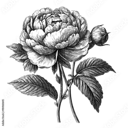 Fototapeta Naklejka Na Ścianę i Meble -  vintage engraving of a peony flower with leaves and bud, hand-drawn botanical illustration, detailed black and white floral artwork isolated on transparent background, clipping path, PNG