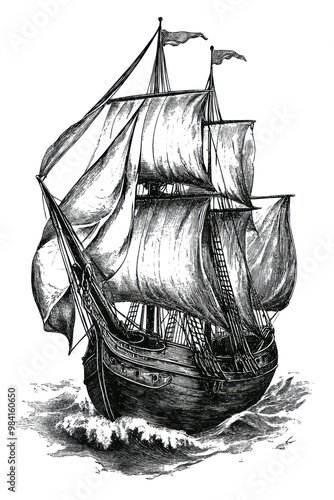 Obraz na płótnie vintage engraving of a sailing ship with billowing sails, hand-drawn nautical illustration of an antique vessel, black and white retro artwork isolated on transparent background w salonie
