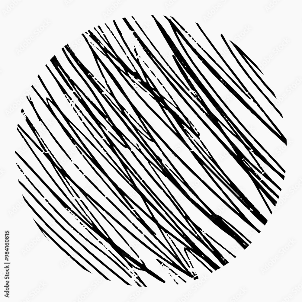 Round element with pencil hatching, doodle pattern on white background. Hand drawn circle, crosshatch, diagonal strokes, chaotic lines. Round element with pencil hatching, doodle pattern on white background. Hand drawn circle, crosshatch, diagonal strokes, chaotic lines.