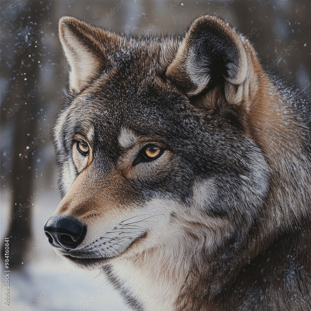 Fototapeta premium A wolf stands and stares at the cold forest.