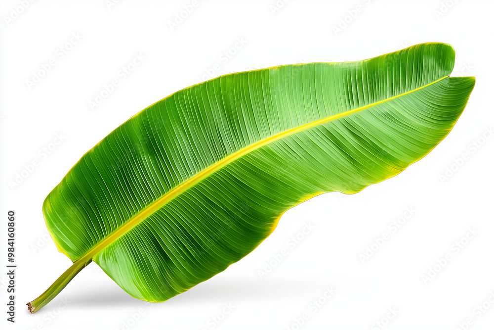 Fototapeta premium A single, vibrant green banana leaf with a yellow vein, isolated on white.