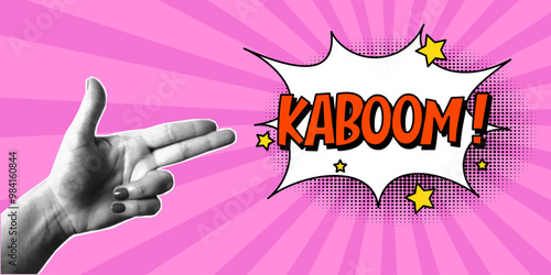 Halftone collage, women's hand gesture in the shape of a gun, speech bubble with expressive red inscriptions kaboom, explosion in a comic style. Pop art retro banner, two fingers, cut out of paper.