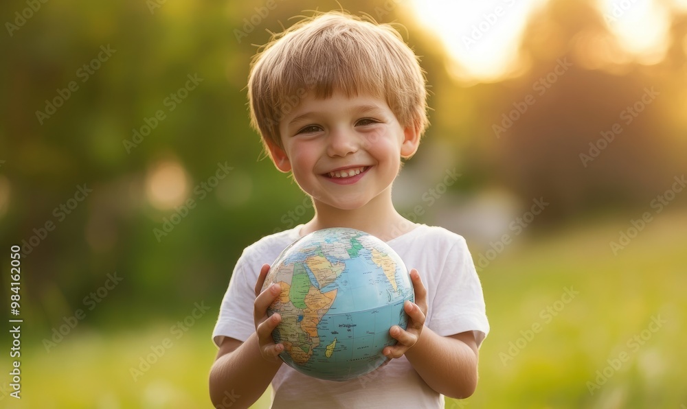 A young boy is holding a globe in his hands and smiling A young boy is holding a globe in his hands and smiling