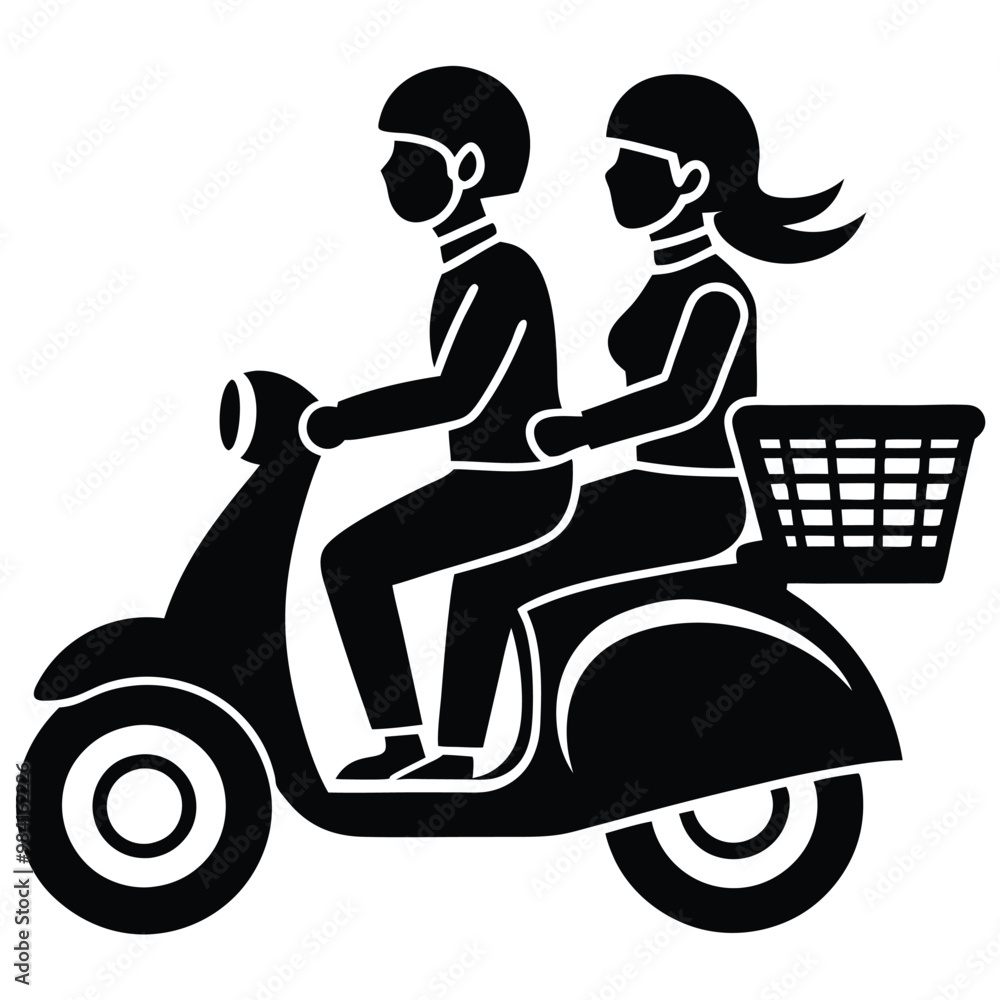 a black and white image of a man and a woman on a scooter. a black and white image of a man and a woman on a scooter.