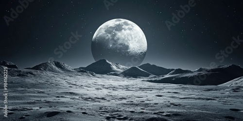 A large moon is in the sky above a barren, rocky landscape