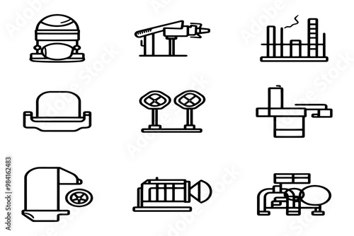 Industrial Machinery and Equipment Icon Set – Minimalist Line Art of Factories, Pipelines, and Mechanical Devices for Engineering and Manufacturing Projects.