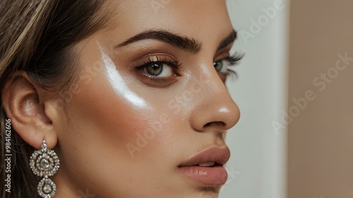 "Mujer con una mirada empoderada, destacando sus ojos claros y maquillaje impecable. Sus ojos resaltan con precisión, reflejando confianza y belleza, capturando un momento de fuerza y elegancia.