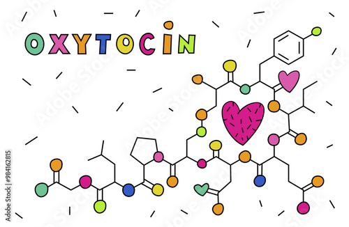 Oxytocin molecule in bright pop art style. Happy hormone design.