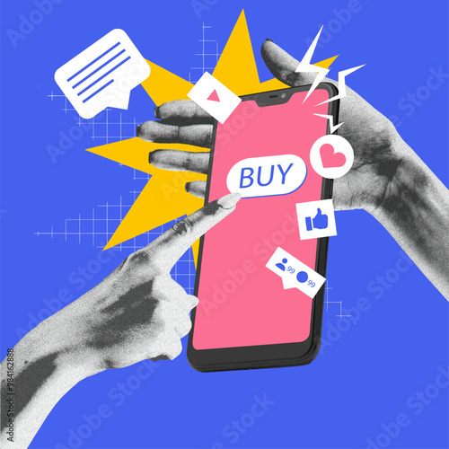 Promotion of online shopping. Hand interacting with phone displaying social media icons, and BUY button. Influence on consumer behavior. Digital marketing, online services. Vector illustration