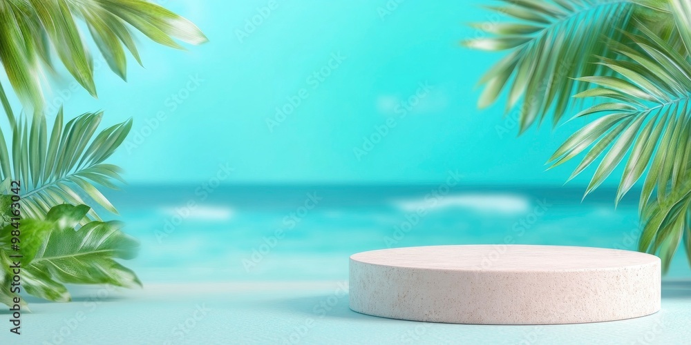 Fototapeta premium empty podium stage on sea beach with plants, ocean and sky on background