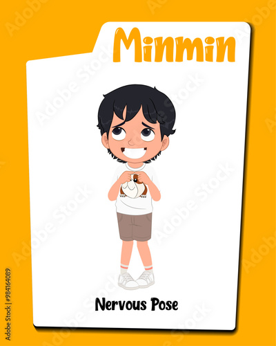 A nervous boy cartoon character AKA minmin, little boy cartoon with black hair.  photo