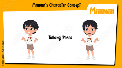 A cute boy cartoon character talking AKA minmin, little boy cartoon with black hair.  photo