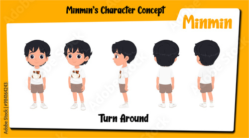 A cute boy cartoon character turnaround sheet AKA minmin, little boy cartoon with black hair. 