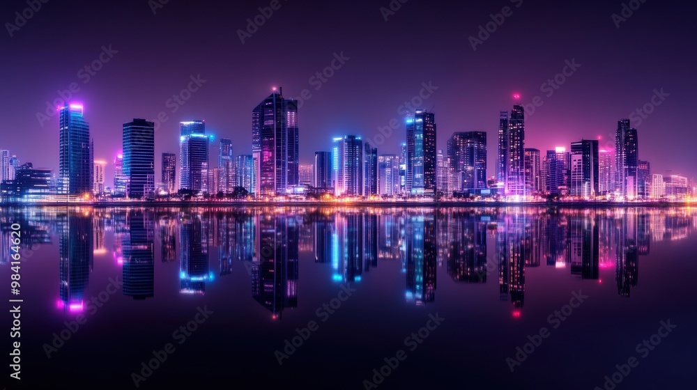 A stunning cityscape at night, featuring a glowing skyline beautifully reflected in a calm river A stunning cityscape at night, featuring a glowing skyline beautifully reflected in a calm river