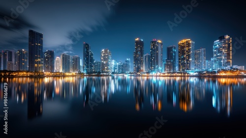 A stunning cityscape at night, featuring a glowing skyline beautifully reflected in a calm river