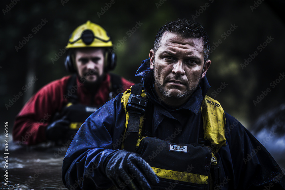Volunteer rescuer helping people in flood after climate change generative AI concept Volunteer rescuer helping people in flood after climate change generative AI concept
