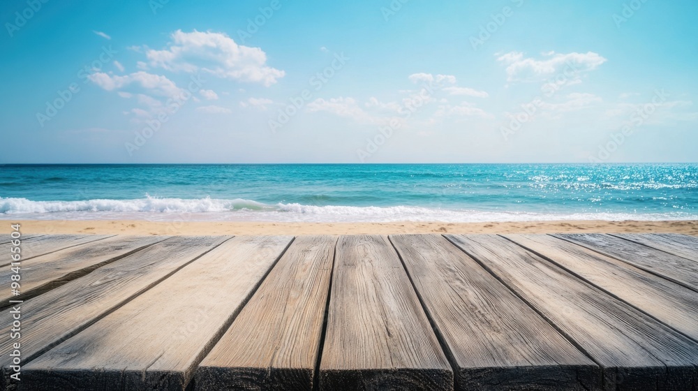 Wooden planks set against a summer beach backdrop Evoking calm relaxation and endless possibilities Ideal for product or travel-related designs Wooden planks set against a summer beach backdrop Evoking calm relaxation and endless possibilities Ideal for product or travel-related designs