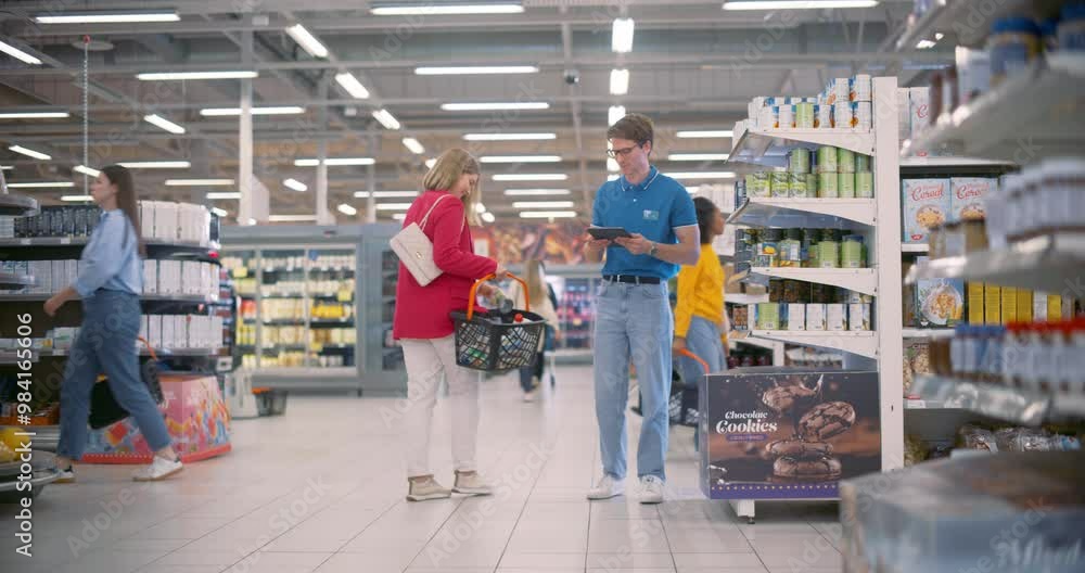 Caucasian Male Supermarket Manager Assists a Young Female Customer, Providing Product Information, Ensuring Excellent Customer Service. Male Organizing Aisle Filled with Various Grocery Items Caucasian Male Supermarket Manager Assists a Young Female Customer, Providing Product Information, Ensuring Excellent Customer Service. Male Organizing Aisle Filled with Various Grocery Items