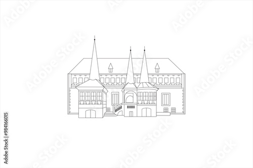 Line illustration of the Medieval Town hall building on the market square with council scales in Einbeck, Germany