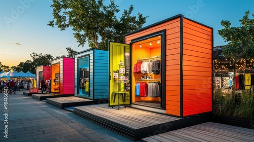 A series of pop-up retail spaces at a music festival, each unit crafted from vibrant and sound-dampening fiber cement siding to create immersive shopping experiences photo