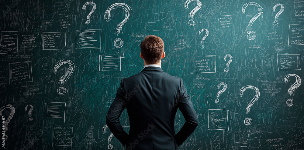 Businessman contemplating chalkboard filled with question marks and notes. Businessman contemplating chalkboard filled with question marks and notes.