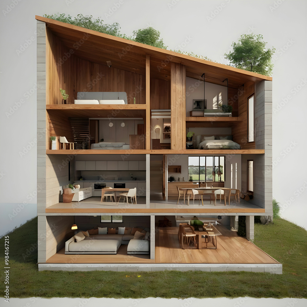 Modern home cross section 3d rendering Modern home cross section 3d rendering