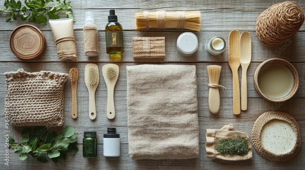 Eco-Friendly Essentials Flat Lay on Wooden Background Eco-Friendly Essentials Flat Lay on Wooden Background