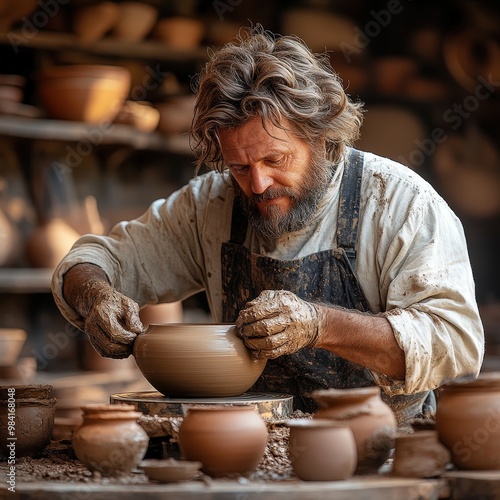 Artisan craftsman shaping clay pottery on a wheel, showcasing the beauty of traditional craftsmanship in a serene workshop. photo