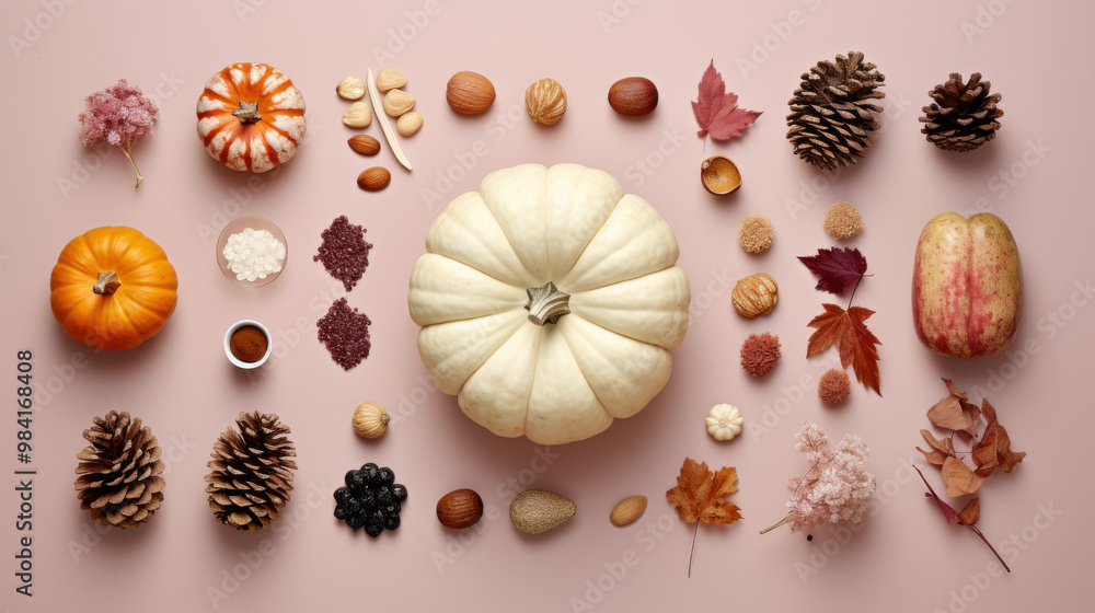 Autumn Harvest Flat Lay with Pumpkins, Pinecones, and Leaves Autumn Harvest Flat Lay with Pumpkins, Pinecones, and Leaves