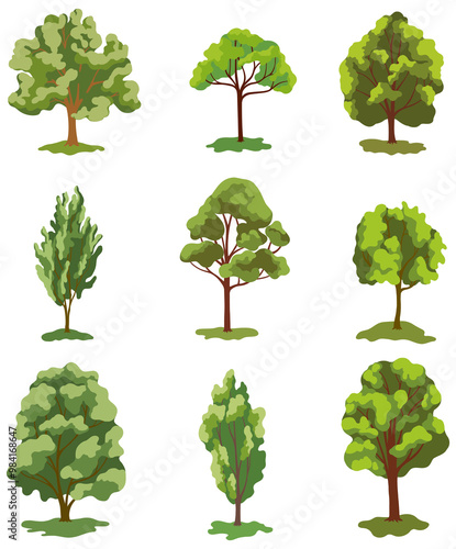 Set of green trees isolated on a white background. Hand drawn illustration collection.