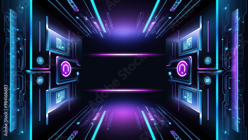 A futuristic circuit board design featuring neon blue and purple lights, geometric lines, and technology symbols. The central area offers space for digital content or interfaces. photo