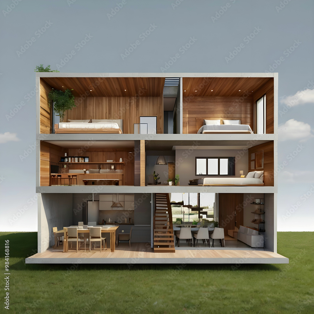 Modern home cross section 3d rendering Modern home cross section 3d rendering