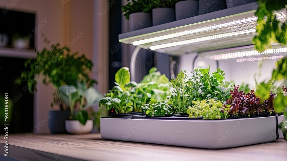An indoor smart garden system with programmable lighting, climate control, and hydroponic trays, showing plants growing in a high-tech, enclosed environment. An indoor smart garden system with programmable lighting, climate control, and hydroponic trays, showing plants growing in a high-tech, enclosed environment.
