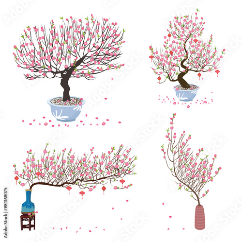 Cartoon vector of peach blossom in a vase or pot. Cherry blossom vector. Spring flower. Tet flower. Vietnam traditional new year flower, hoa dao. Flat vector in cartoon style.