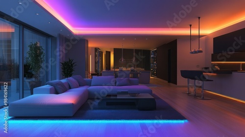 Smart home: a contemporary living room with colored LED lighting 