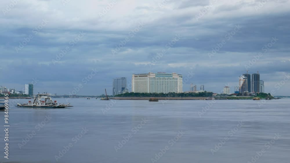 Mekong river Boat cargo traffic time-lapse, Phnom Penh Cambodia, Southeast asia Mekong river Boat cargo traffic time-lapse, Phnom Penh Cambodia, Southeast asia